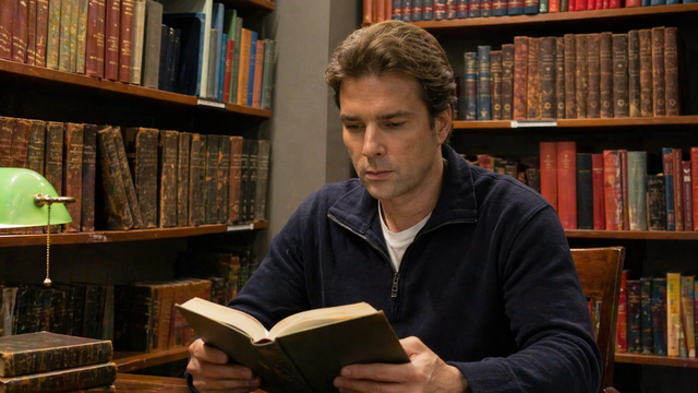The founder Luke Raczynski is reading a book in the library.