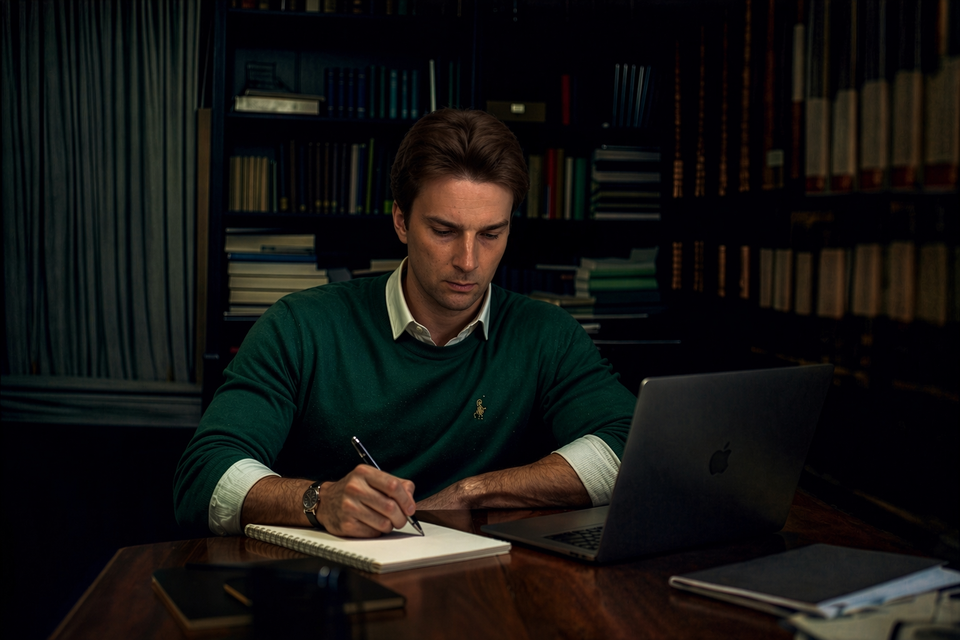 Luke Raczynski at the desk, working, writing in his notebook by hand.
