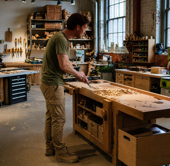 Luke in the woodworking workshop working on a piece of wood