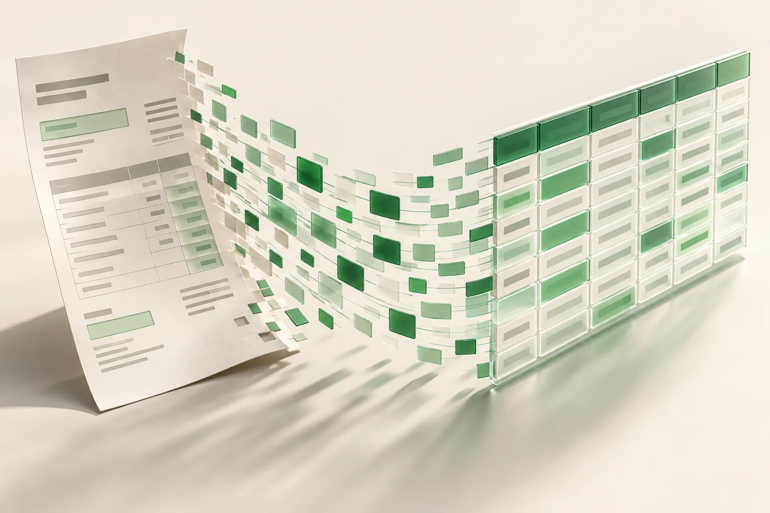 An invoice transforms into a stream of data cells that assemble into a structured table